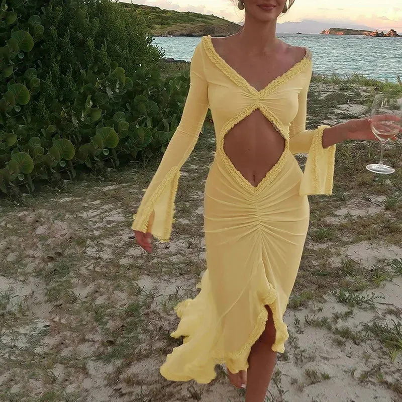 Yellow Sheer Beach Dress Women Fashion Long Sleeve Slim Maxi Evening Party Dresses Summer Sexy Hollow Out Ruffle Dress