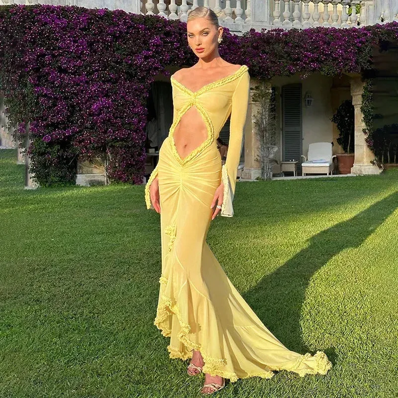 Yellow Sheer Beach Dress Women Fashion Long Sleeve Slim Maxi Evening Party Dresses Summer Sexy Hollow Out Ruffle Dress